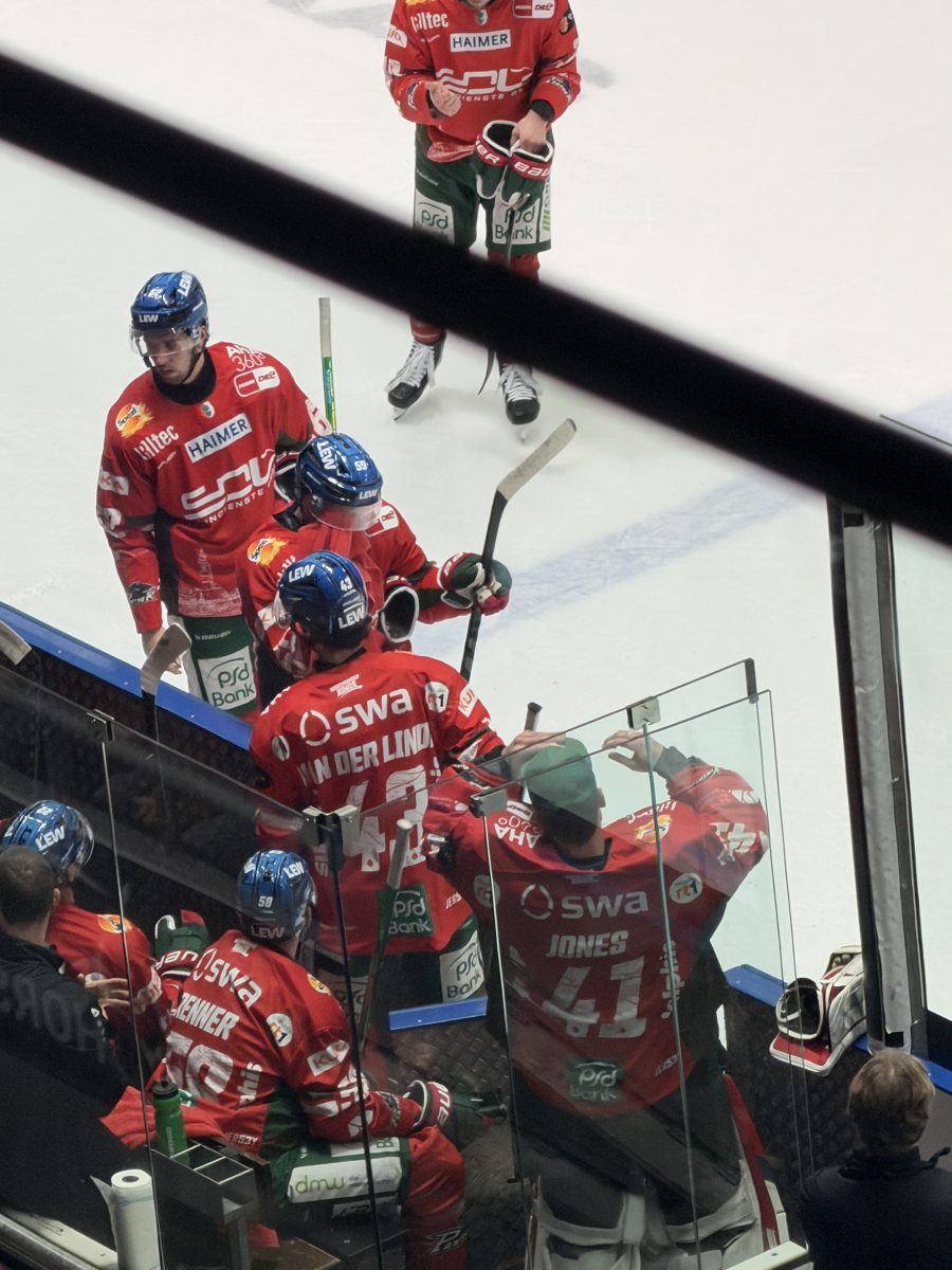 Spieler der Augsburger Panther in roten Trikots mit SDL-Logo an der Spielerbank